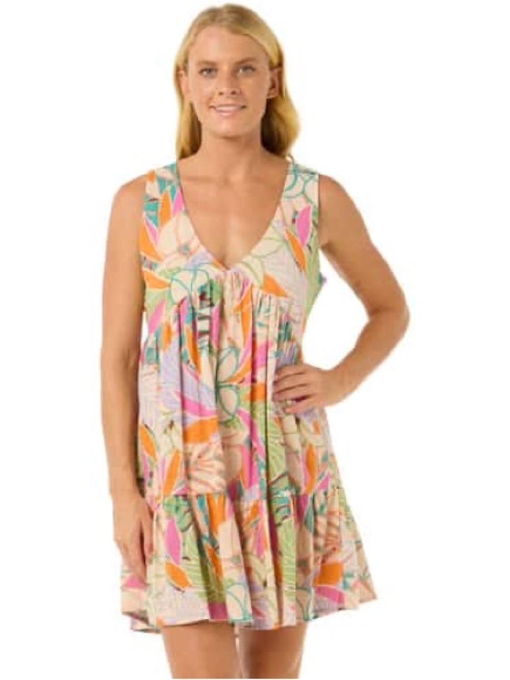 Rip Curl Multicolor Floral Print Tunic Dress - Orange, Teal, Pink, Green, Purple